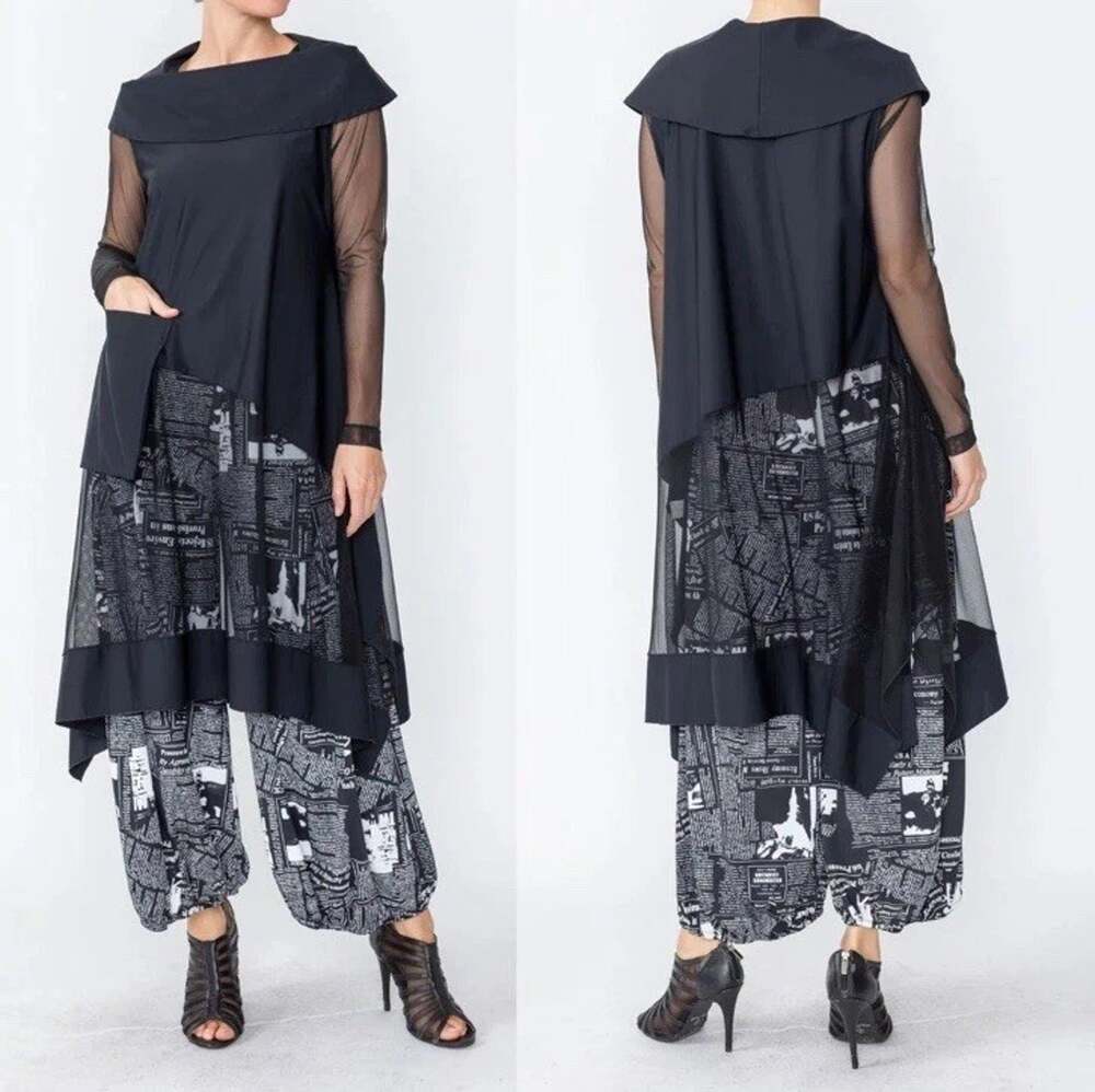 IC by CONNIE K S Black Sheer Cowl Neck Tunic/Dress Lagenlook Avant Garde Size XL